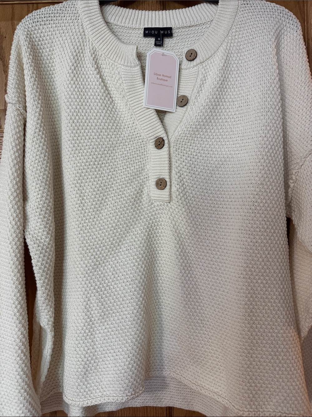 Miou Mus Cream Waffle-Knit Henley Crew Top Sweater